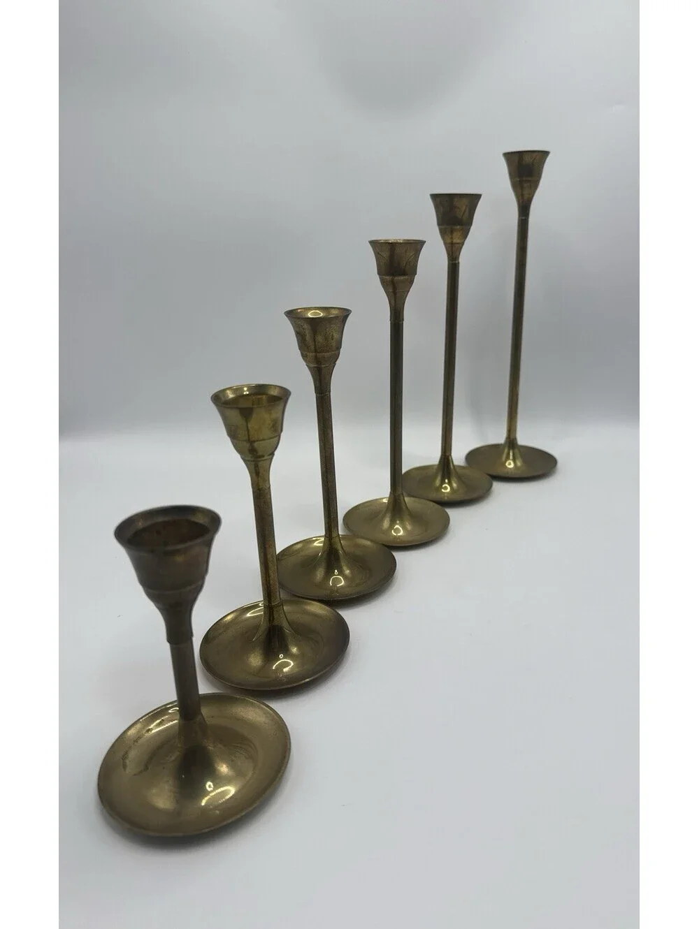 Vintage Brass Candle Holders Graduated Tapered Set of 7 Candlesticks Taiwan